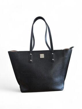 MCM Black Pebbled Leather Tote with Silver Plaque